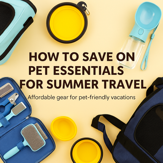 Flat lay of summer pet travel essentials including water bottle, collapsible bowls, grooming kit, and pet carrier.