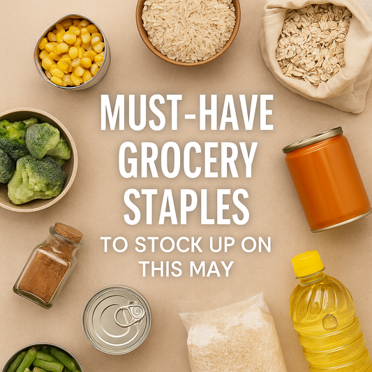 Flat lay of essential grocery items like canned goods, rice, oats, spices, and frozen veggies with centered text promoting smart shopping in May.