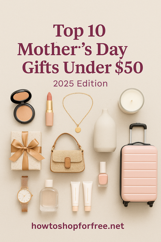Flat lay of budget-friendly Mother’s Day gift ideas under $50 including beauty, skincare, and home items – blog cover from howtoshopforfree.net