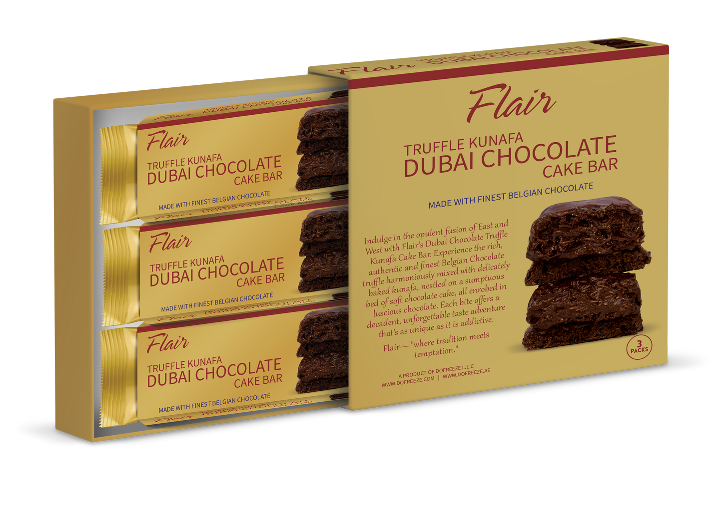 Flair Dubai Truffle Kunafa Chocolate Cake Bar - 3pcs Box (165gm)