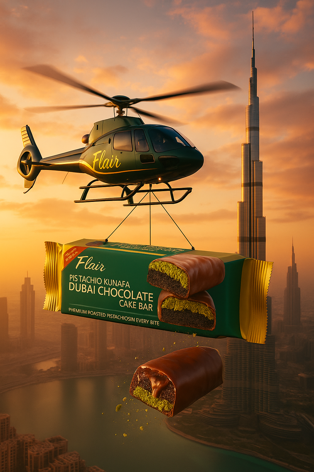 Flair Dubai Pistachio Kunafa Chocolate Cake Bar - 55gm