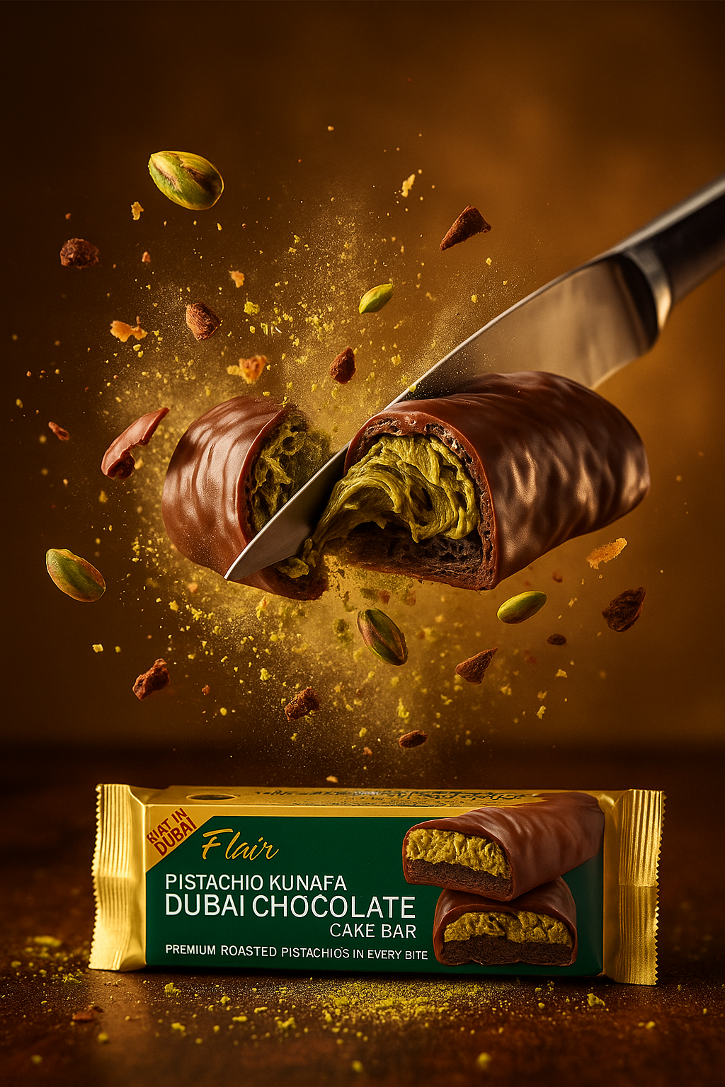 Flair Dubai Pistachio Kunafa Chocolate Cake Bar - 12pcs Box (660gm)
